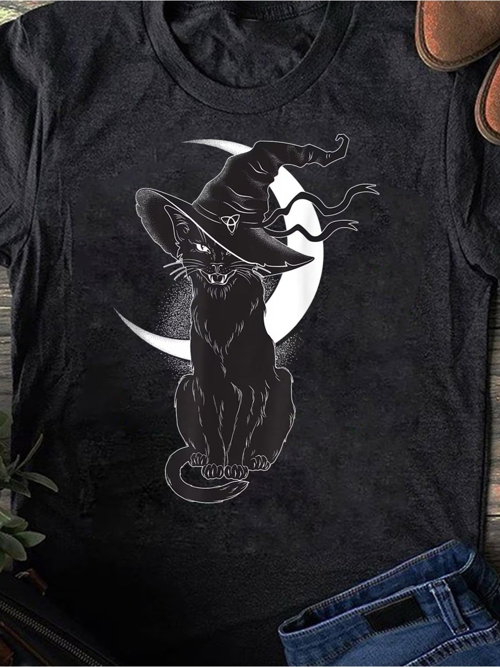 Witch Cat Moon Shirt, Mystical Halloween Graphic T‑Shirt - Unisex Black